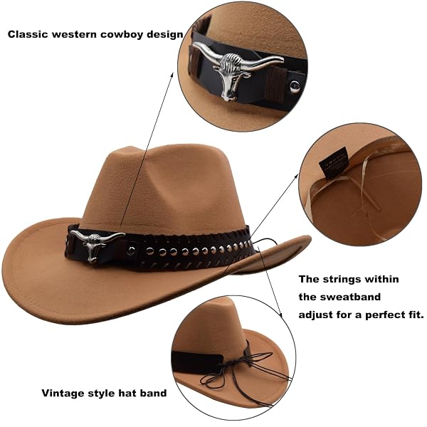 IFSUN UNISEX WESTERN COWBOY HAT FUR FELT COWGIRL HATS WIDE BRIM WITH BELT BUCKLE BEIGE