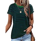 ONLYSHE Womens Short Sleeve Shirts Casual Crewneck Tops Tshirt Basic Tees Summer Fashion Strpied Clothes Outfits Tunic