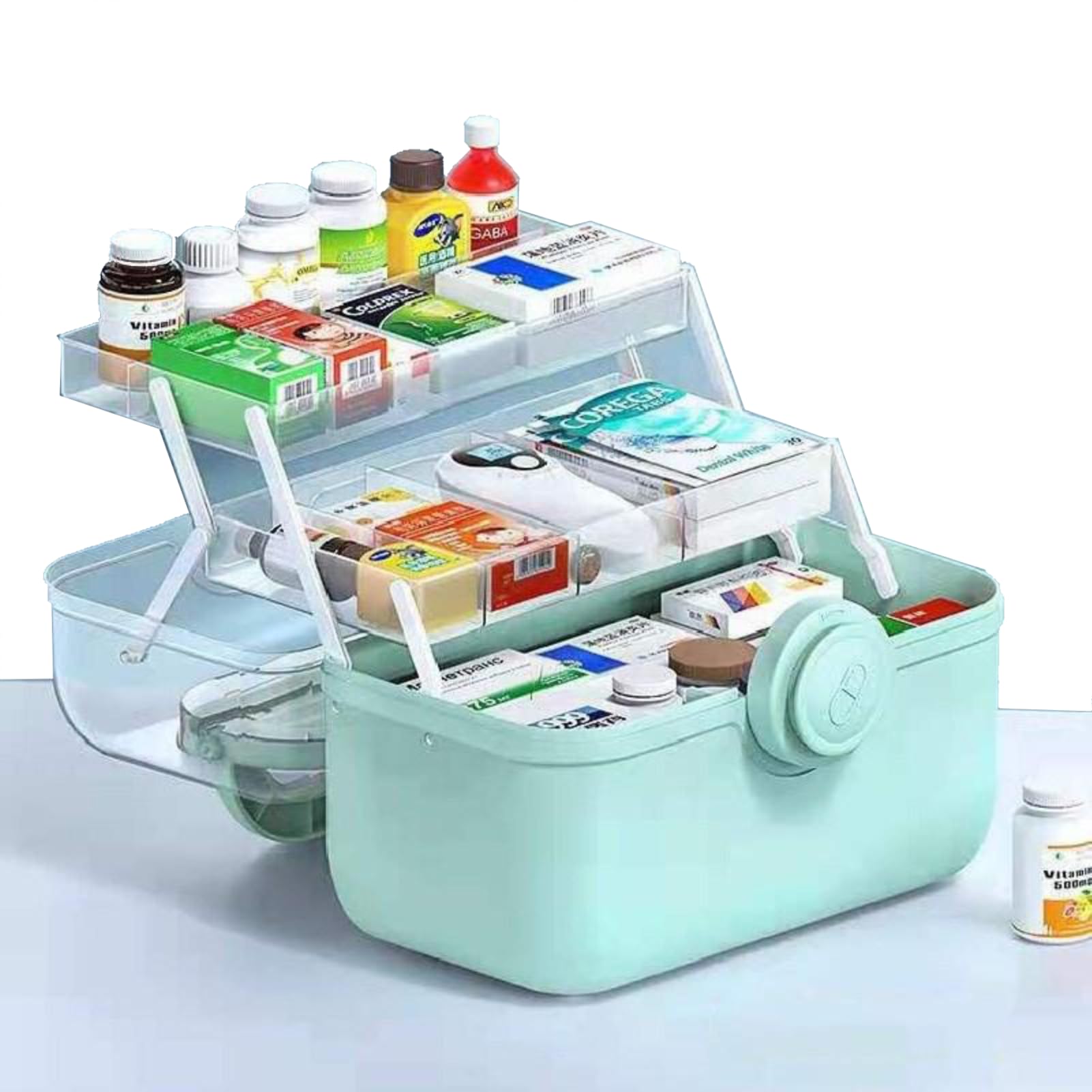 Serlium Medicine Organizer Box Plastic Multi Layer Medicine Storage Box Large Capacity Medicine Cabinet with Lid for Household(M-Green)