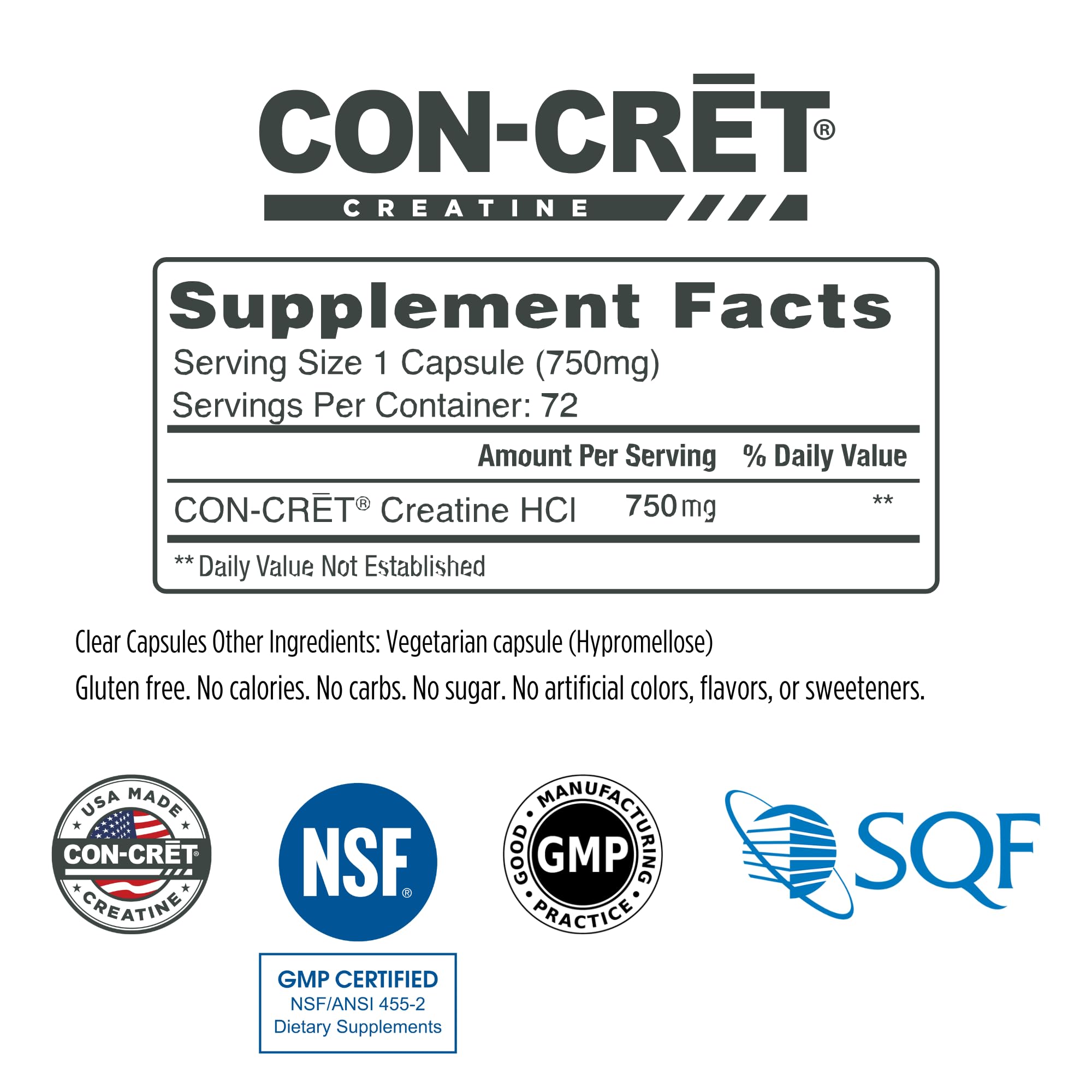 CON-CRET Creatine HCl Capsules | Muscle, Cognitive, Cellular Energy Support | No Bloating or Cramps | USA Made & NSF Certified | Creatine Pills (72ct)