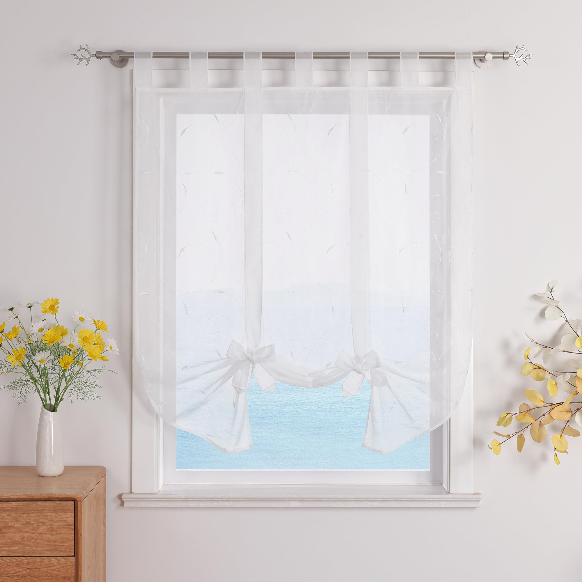 ESLIR Roman Blind with Loops, Roman Curtains, Kitchen Tie Curtain, Transparent Tab-Top Blind, Curtains with Embroidery, Modern Voile, White, W x H 80 x 140 cm, Pack of 1