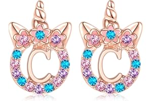 TRWWELL Cute Rose Gold Silver Initial Unicorn Hypoallergenic Stud Earrings Rhinestone Initial Letter Stud Earrings for Girls Unicorns Jewelry Gifts for Kids Toddler