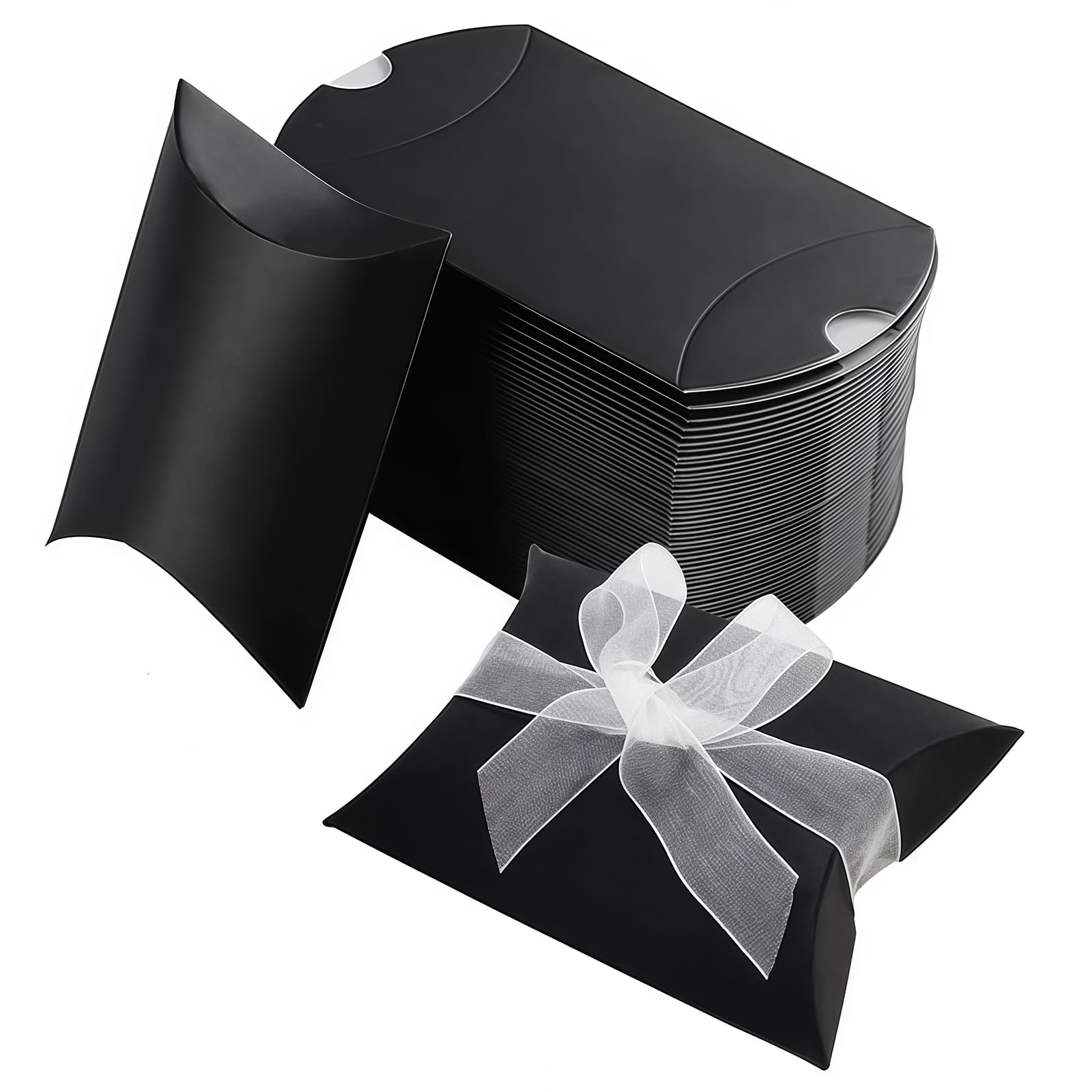 50PCS Black Kraft Pillow Boxes Pillow Shape Wedding Favour Candy Boxes Small Pillow Gift Boxes ​with Ribbon for Birthday Shower Wedding Halloween Party