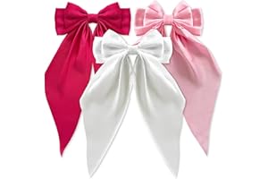 Loqpol 3 PCS Silky Satin Hair Bows, Oversized Long Tail Bows with Barrette Clips, Coquette Hair Accessories for Women and Girls (Hot Pink Light Pink White)
