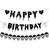 HNGWLYN Black Glitter Birthday Gothic Banner Skull Ghost Halloween Garland Happy Birthday Decorations for Halloween Black Scream Gothic Funeral EmoTheme Party