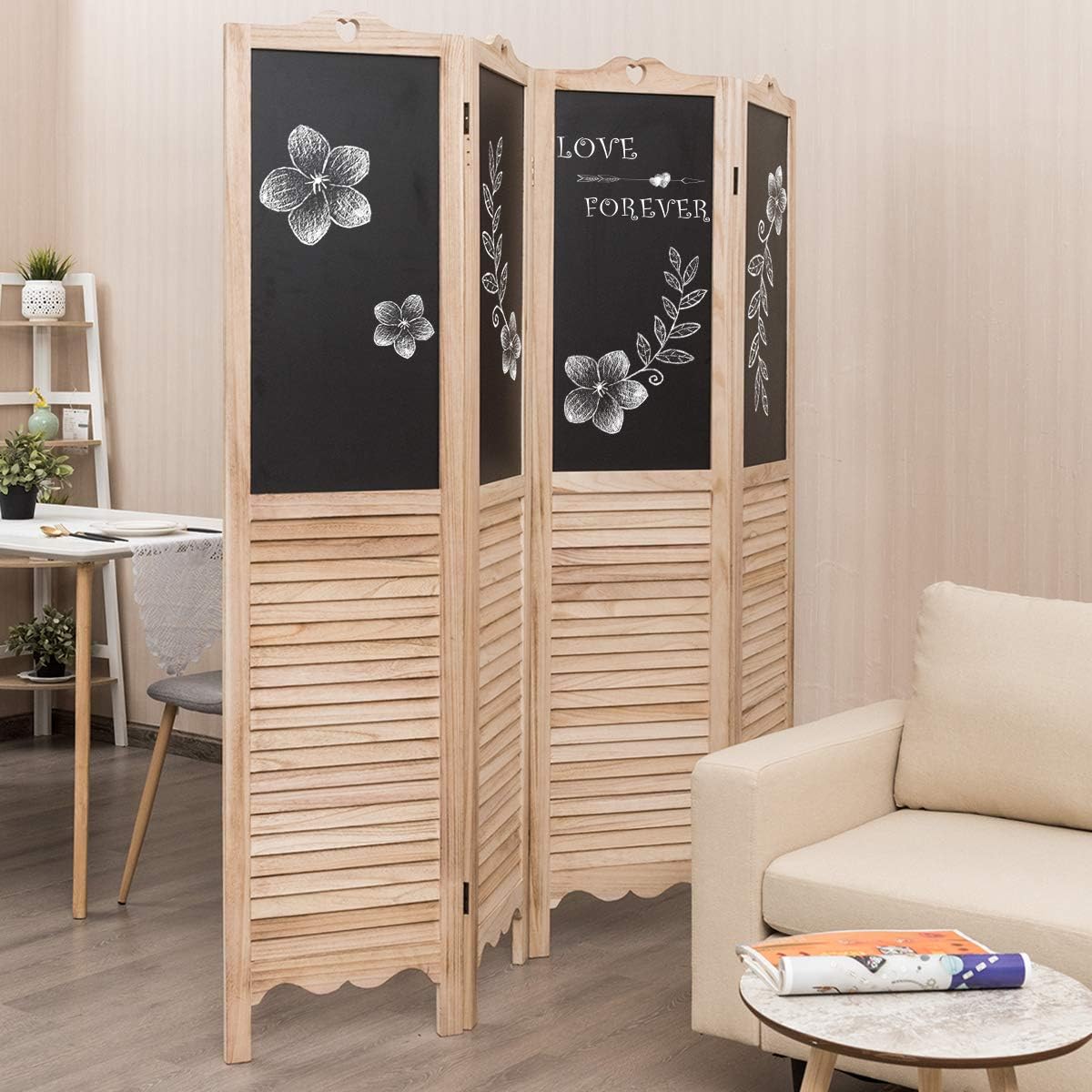 Giantex 5.7 Ft Folding Screen, 4 Panel Screen Room Divider w/Chalkboard Panels, Indoor Room Dividers for Bedroom, Living Room, Office, Restaurant (Natural): Furniture & Decor