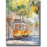 IZTAWEY Poster Decorative Canvas Painting Lisbon Watercolor Painting Print Portugal Tram Wall Art Bedroom and Kitchen Office Wall Decoration 12x16inch No Frame