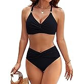 Blooming Jelly Women's High Waisted Bikini Sets Matel Tummy Control Swimsuits V Neck Twist Front Bathing Suit