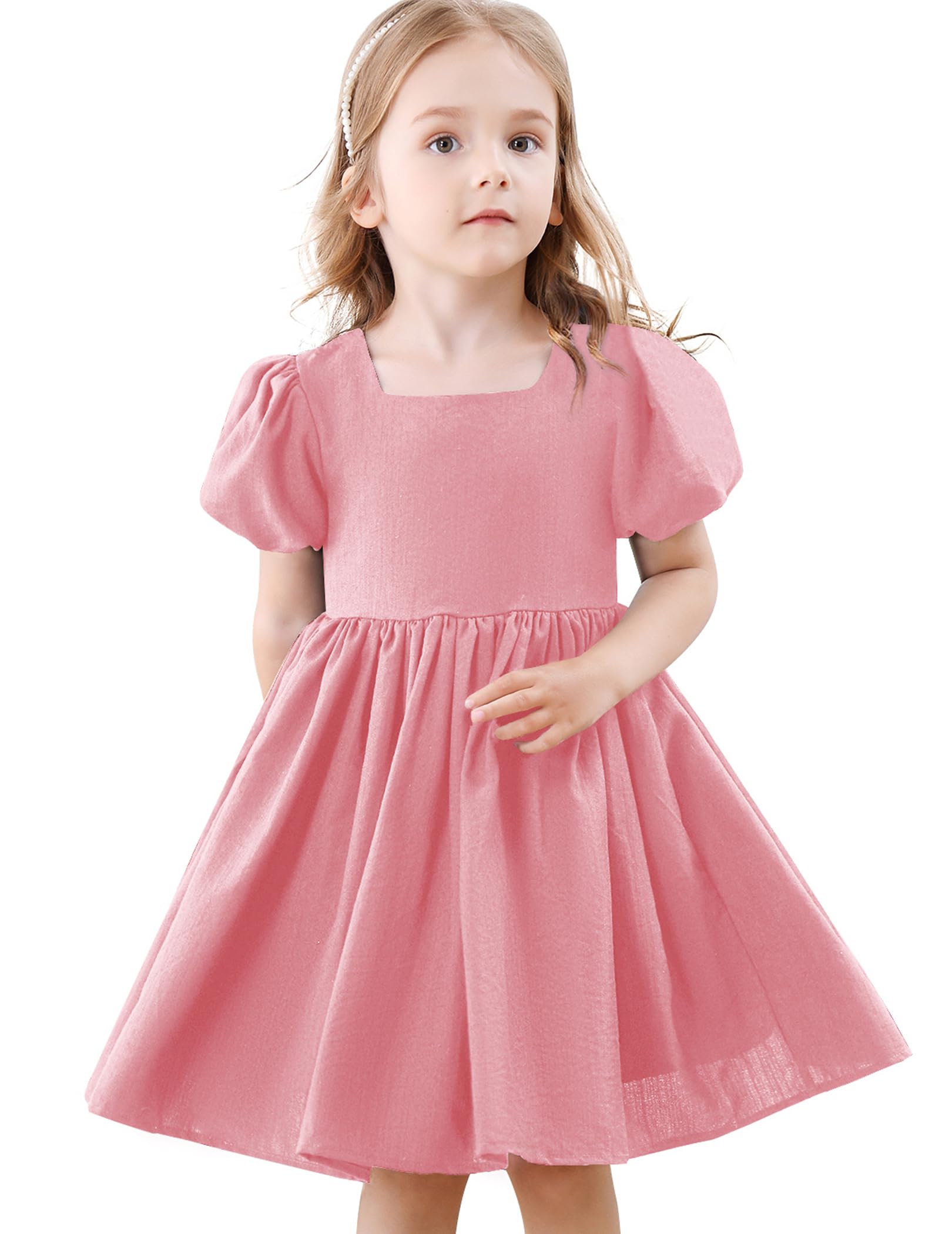 Photo 1 of Tutu.kk Little Girls Summer Dress Square Neck Puff Sleeve A-Line Swing Casual Dresses for Birthday,Party Pink 4-5 Years