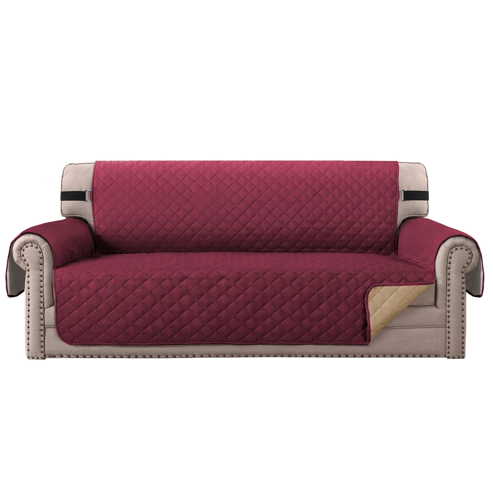 Topchances Sofa Covers Loveseat Couch Covers Waterproof Sofa Slipcover for Sectional Sofa Chaise Reversible Furniture Protector with Elastic Straps for Dogs Cats (Burgundy, 3 Seater)