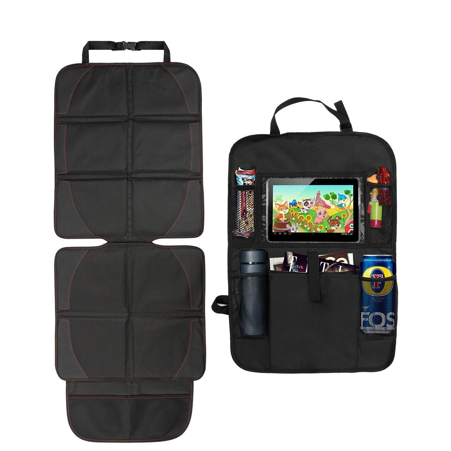 Cozywind Baby Car Seat Protector+Seat Back Organiser Set, Black, Practical Style, Seat Protector with 5 Pockets Storage