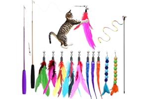 Atosun Cat Toys, 2PCS Retractable Feather Toys, 10PCS Replacement Teaser Refill, 1PC Rainbow Ribbon Wand Interactive Kitten Toys for Indoor Cat Make Exercise
