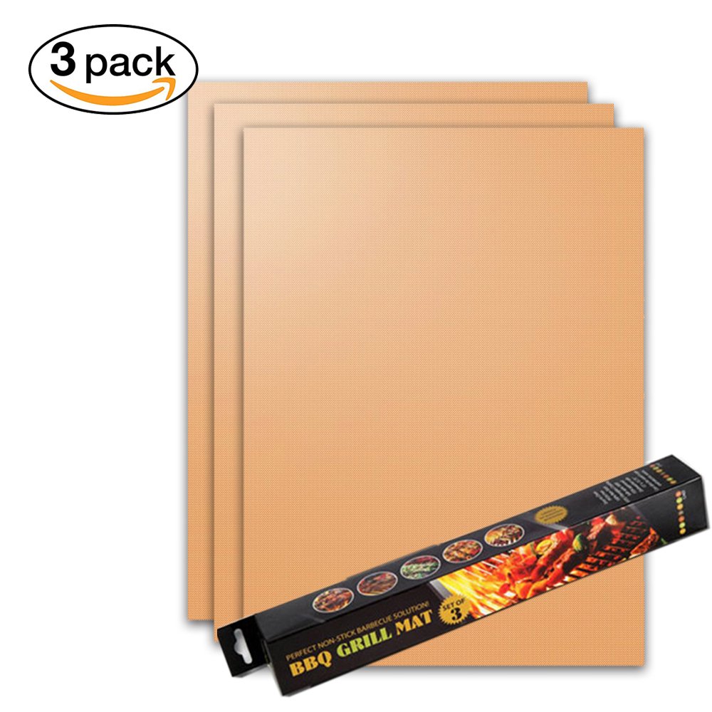 WISHPOOL Grill Mat Set of 3 - Non Stick Reusable Heavy Duty BBQ Grill&Baking Mats - Works on Gas, Charcoal, Electric Grills(Copper)