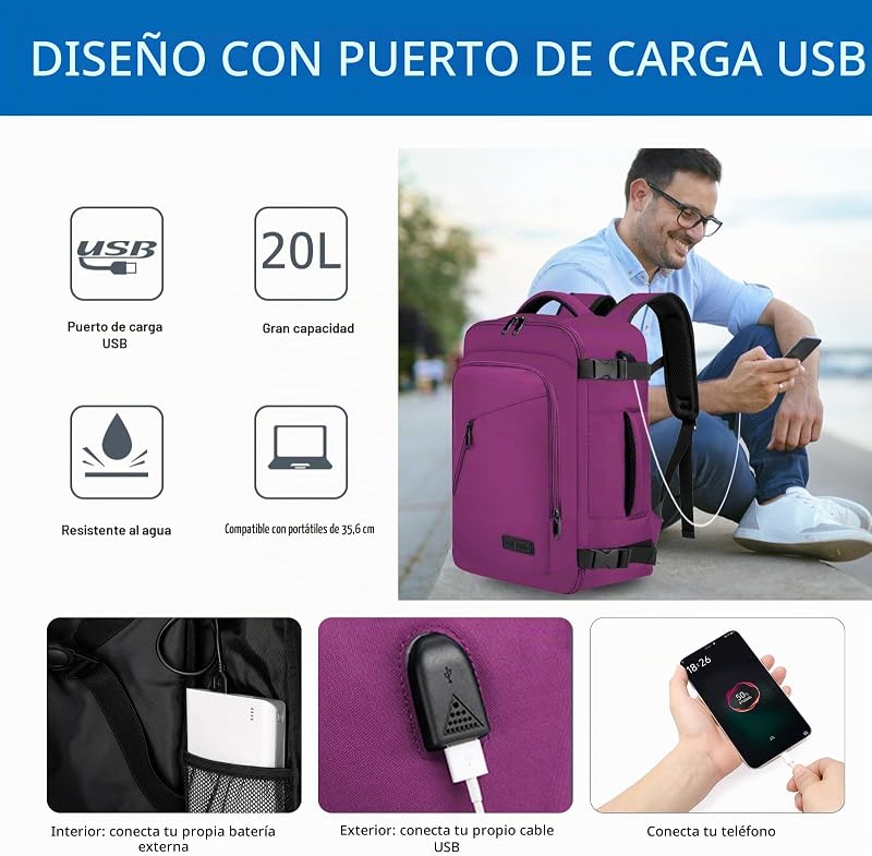 Mochila de Viagem Cabine Avião 40x20x25 para Mochilas Ryanair Mala Mochila de Viagem Ryanair Mochila de Mão Mochila de Mão Mochila Portátil Portátil com Porta USB para Trabalho, Escolas, Roxo