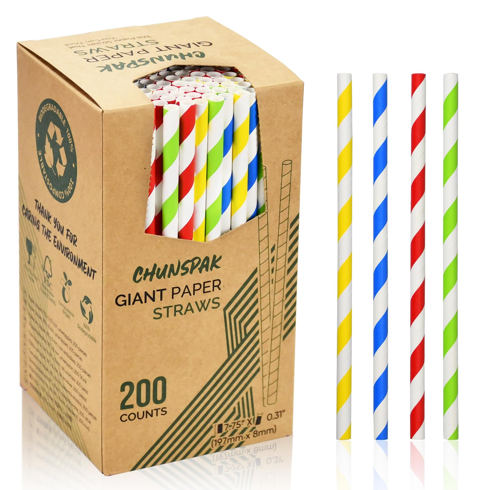 8mm Disposable Paper Straws, 19.7 cm Colourful Stripes - for Milkshakes, Ice Cream, Smoothies, Thick Drinks - Pack of 200