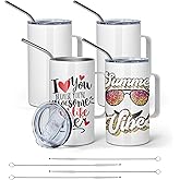 AGH 4 Pack 20 oz Sublimation White Tumblers with Handle, Double Wall Stainless Steel Vacuum Insulation Cup with Metal Straw and Splash-Proof Sliding Lid