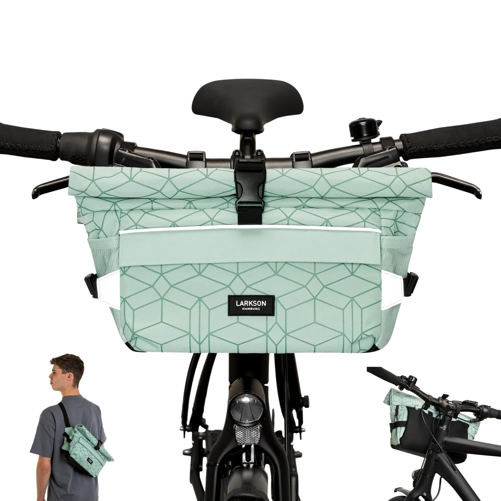 LARKSON Handlebar Bag Green - Lasse - 2 in 1 Bike Bag & Shoulder Bag - Bikepacking Bags for Handlebars Front with Reflection - Water Repellent