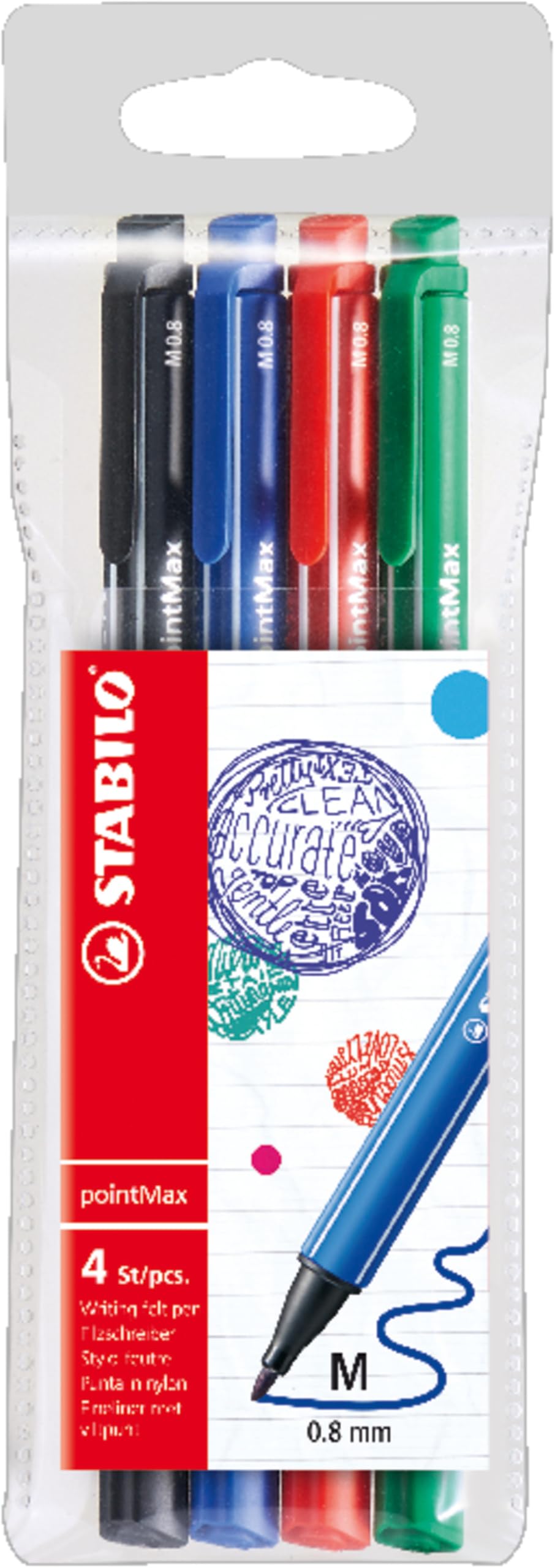 STABILO pointMax - Nylon-Tip Sign Pen - Pack of 4 - Black, Ultramarine, Carmine, Green