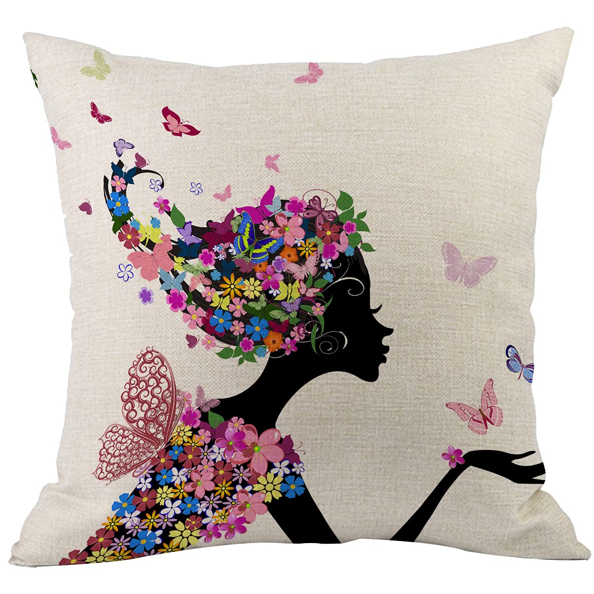 CANSEGO Floral Girl Pillow Covers Cases Butterfly Lady Pink Pink Flowers Leaf Black Hair Throw Pillow Cushion Cotton Linen 18x18 Inch Home Decor Couch Desk Bedroom