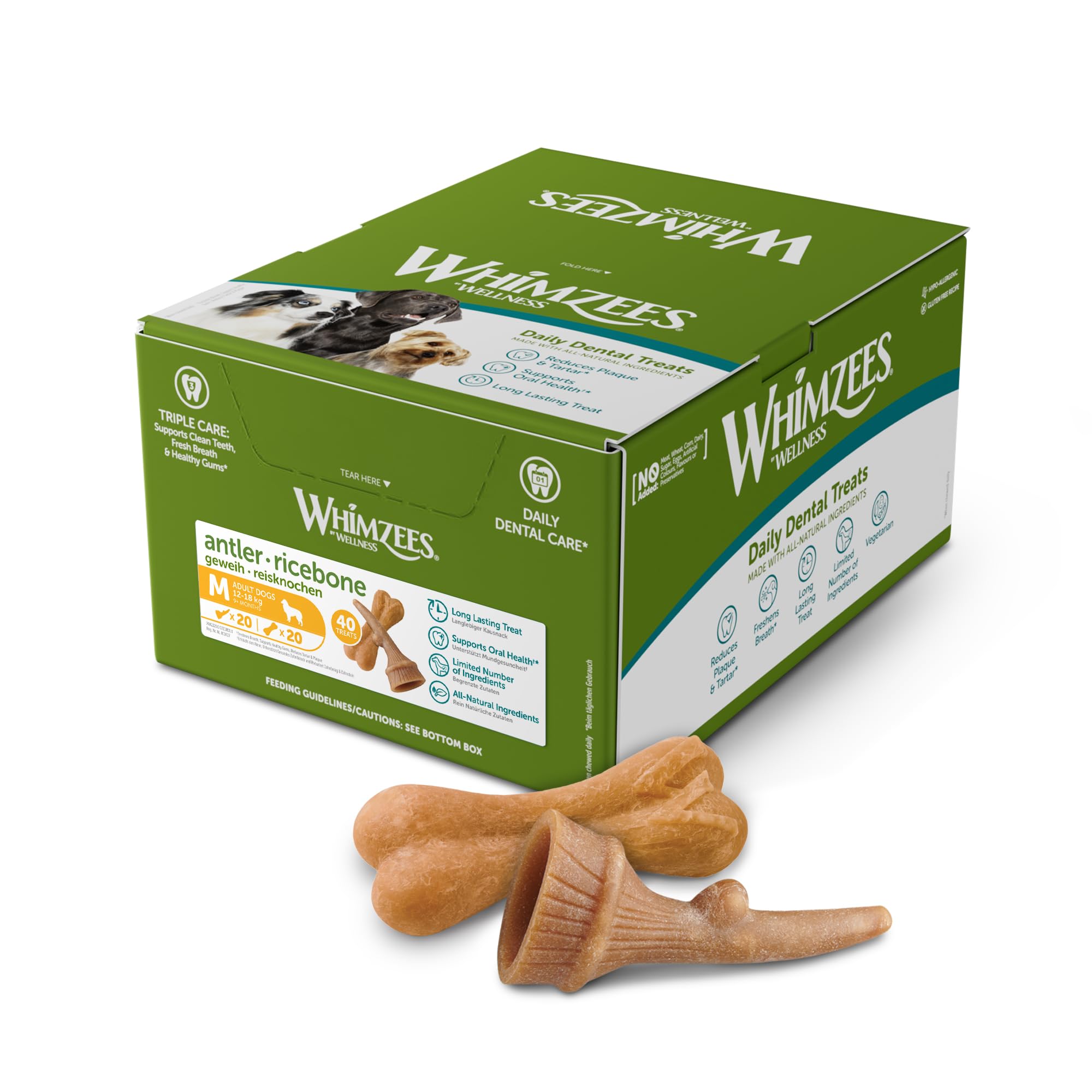 WHIMZEES Variety Box Occupy M, 40 Pieces – Mixed Shapes, Size M, Dog Chews for Medium Breeds, Natural and Grain Free, Rawhide-Free, Vegetarian, No Added Sugar