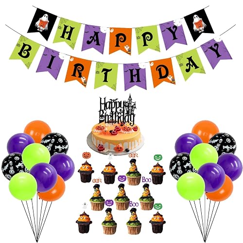 Kreatwow Halloween Birthday Decorations Purple Green Orange Halloween Happy Birthday Banner Cupcake Toppers Halooween Spider Web Skull Ghost Bat Print Latex Balloons for Kids Party Outdoor Decoration