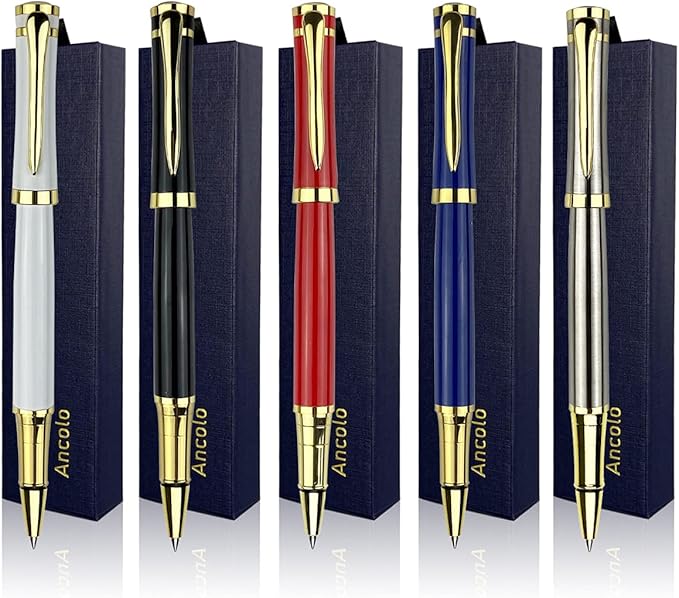 Ancolo Luxury Rollerball Pens with Smooth Black Ink Refill 5 Pens Gift