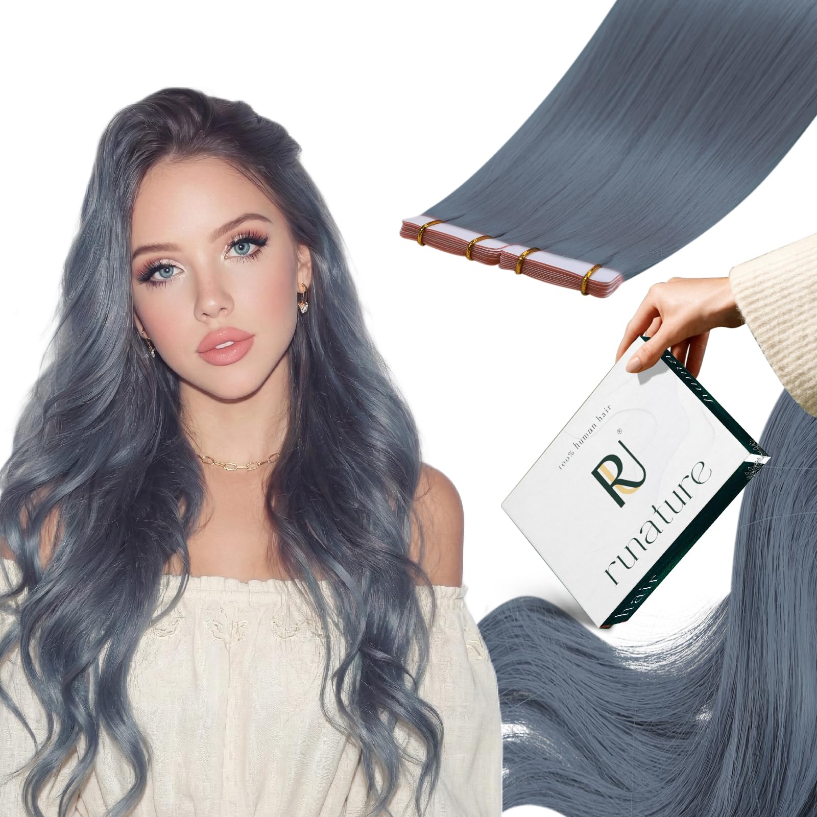 RUNATURE Tape in LightBlue Hair Extensions Human Hair 20 Inch Tape Blue Hair Extensions Human Hair Invisible Tapes Remy Straight Hair 25g — image 1