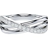 THELANDA Genuine Moissanite or Simulated Round Brilliant Cut Diamond Sterling Silver Crossover Split Shanks Wedding Ring For Couples