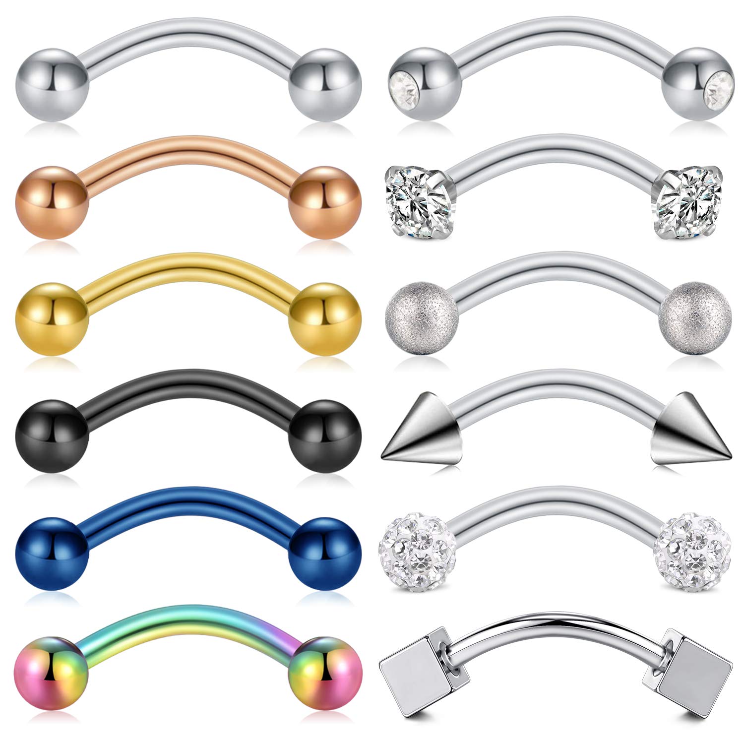 Rajnard 16G Eyebrow Bar Rook Bar Surgical Steel Rook Earrings Piercing 10mm Silver Crystal Ball Rhinestones Small Belly Bar Piercing Jewellery for Women Men 12Pcs