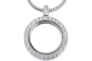 RUBYCA Living Memory Round Locket Snake Chain Necklace Crystal Floating Charm DIY Silver Tone 5Pcs