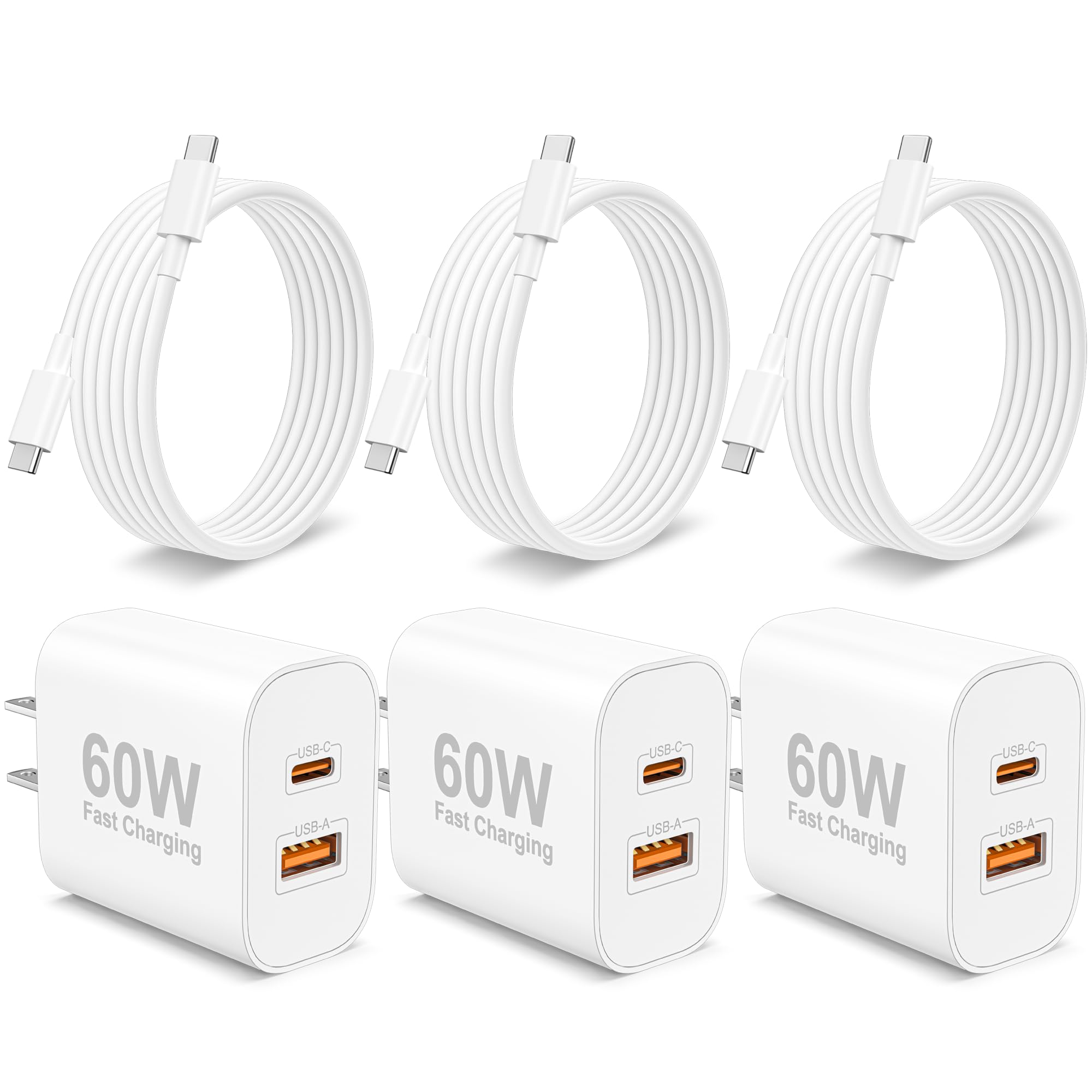 iPhone 17e/17/17 Pro Max Charger, 3-Pack 60W Super Fast Charging Dual Port USB C Wall Charger Block Adapter with 6FT USB C to C Cable Power Cord for iPhone 17/17 Pro Max/Air/16/15 Pro Max/Plus, iPad