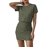 HBQ Women's Pullover Sweater Dress Casual Short Sleeve Crew Neck Cute Ribbed Knit Bodycon Mini Short Dress 2026 Summer