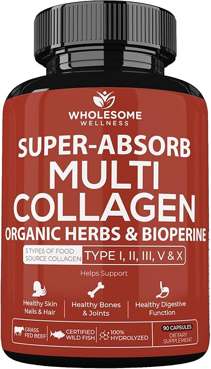 Amazon Com Super Absorb Multi Collagen Pills Type I Ii Iii V X Organic Herbs And Bioperine Anti Aging Hair Skin Nails Joints Hydrolyzed Collagen Peptides Protein Supplement For Women Men 90 Capsules