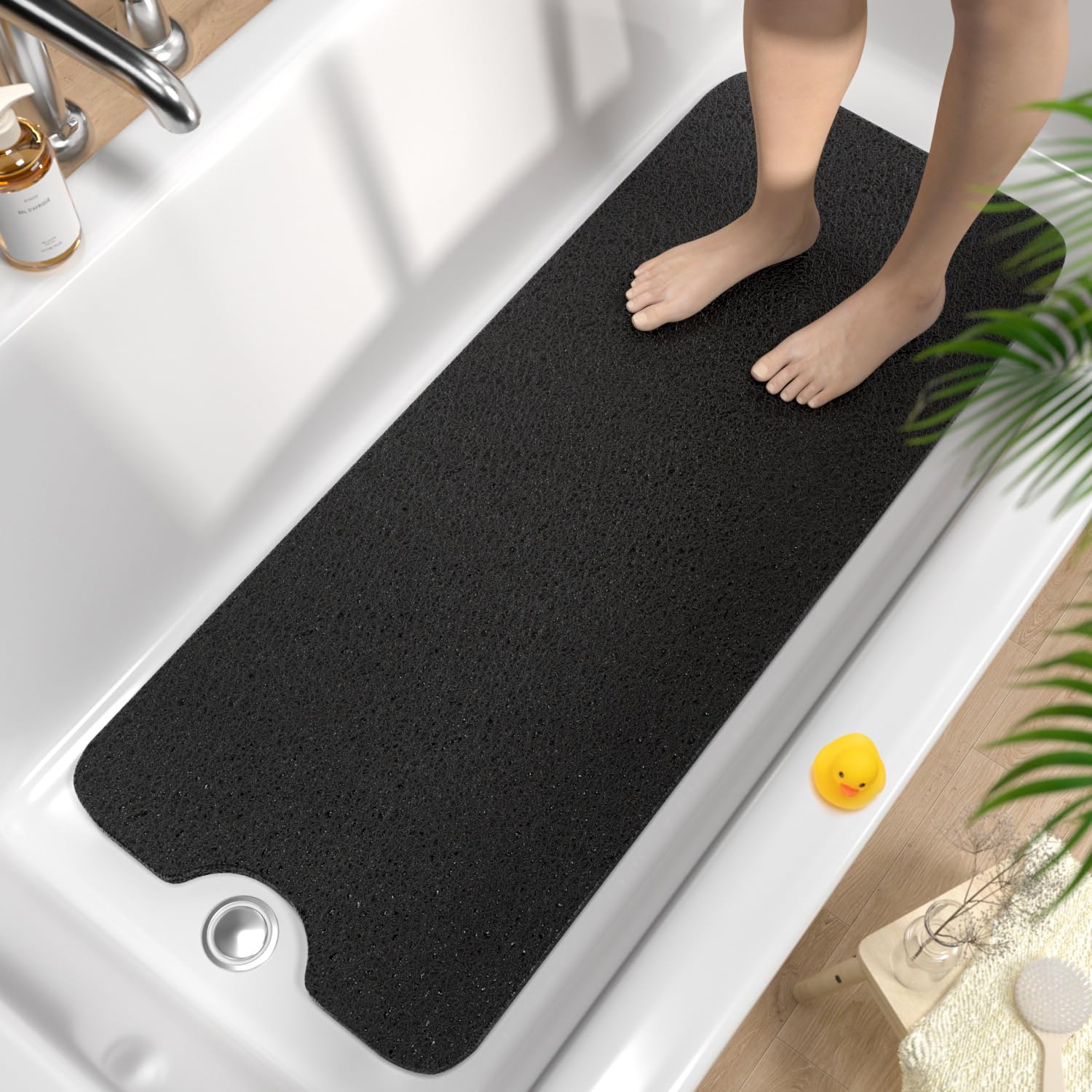 HITSLAM Non Slip Bath Mat 100 x 40 cm, Extra Long Shower Mats for Inside Shower, Soft PVC Loofah Bathtub Mat with Drain, Quick Drying shower mat for Wet Area, Without Suction Cup, Black