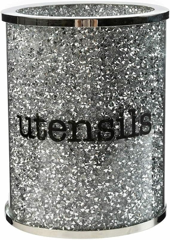 Amazing Gift Dazzling Diamond Crystal Utensil Holder Glass Kitchen Utensil Holders For Countertop, Utensil Caddy, Utensil Crock Kitchen Utensil Organizer, Silver, 13cm x 16cm