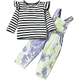 2PCS Baby Girls Clothes Toddler Jumpsuit Rompers Adjustable Ripped Jeans Overalls Set with Long Sleeve Stripe T-Shirt
