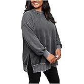 WDIRARA Women's Plus Size Sweatshirt Split Side Crew Neck Long Sleeve Pullover Tops
