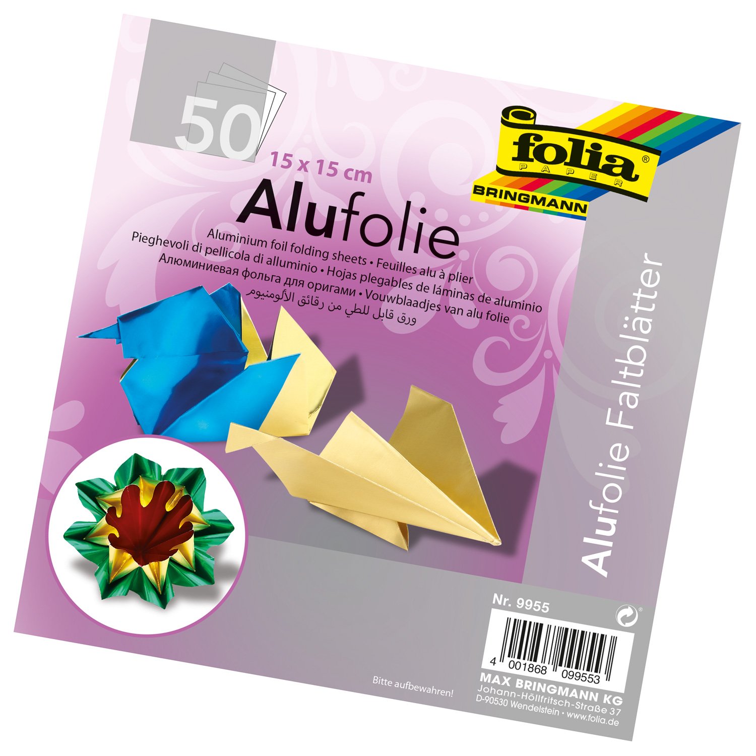 folia 9955 Aluminium Foil Folding Sheets 15 x 15 cm 100 g/m² 50 Sheets Assorted Colours Ideal for Paper Folding and Other Creative Crafts