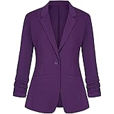 Purple Blazers for Women One Button Notched Lapel Suit Jackets Ruched 3/4 Sleeve Lightweight Pocketed Blazer, L