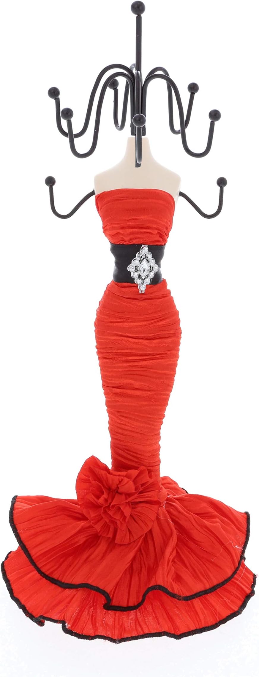 Mozlly Doll Jewelry Holder in Gown, 10 inch Fashionable Unique & Stylish Mannequin Stand, Metal Hanger Organizer Double Tier for Girls Women, Hanging Accessory Tower Rack - Red