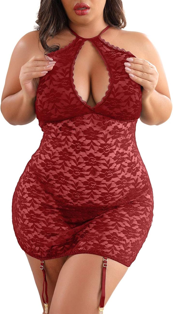 XAKALAKA Women's Halter Plus Size Lace Lingerie Keyhole Mesh Stretch Babydoll Chemise with Garters at  Women’s Clothing store