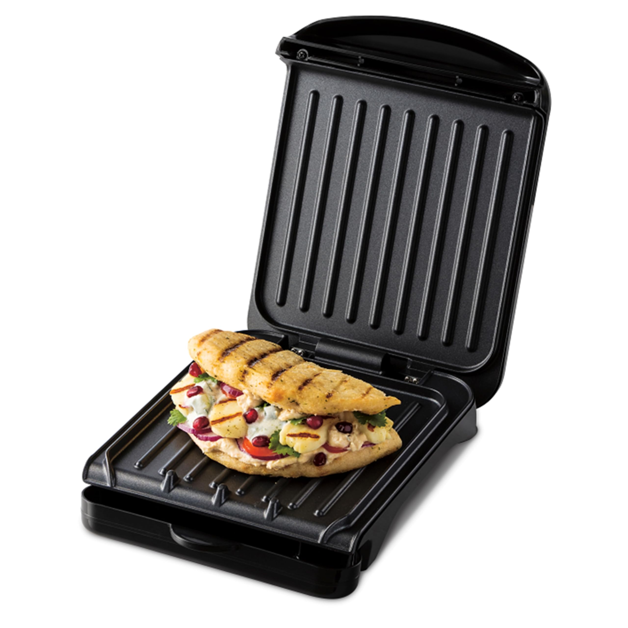 George Foreman Small Electric Fit Grill [Non stick, Healthy, Griddle, Toastie, Hot plate, Panini, BBQ, Energy saving, Vertical storage, Easy clean, Drip tray, Ready to cook light] Black, 760W 25800