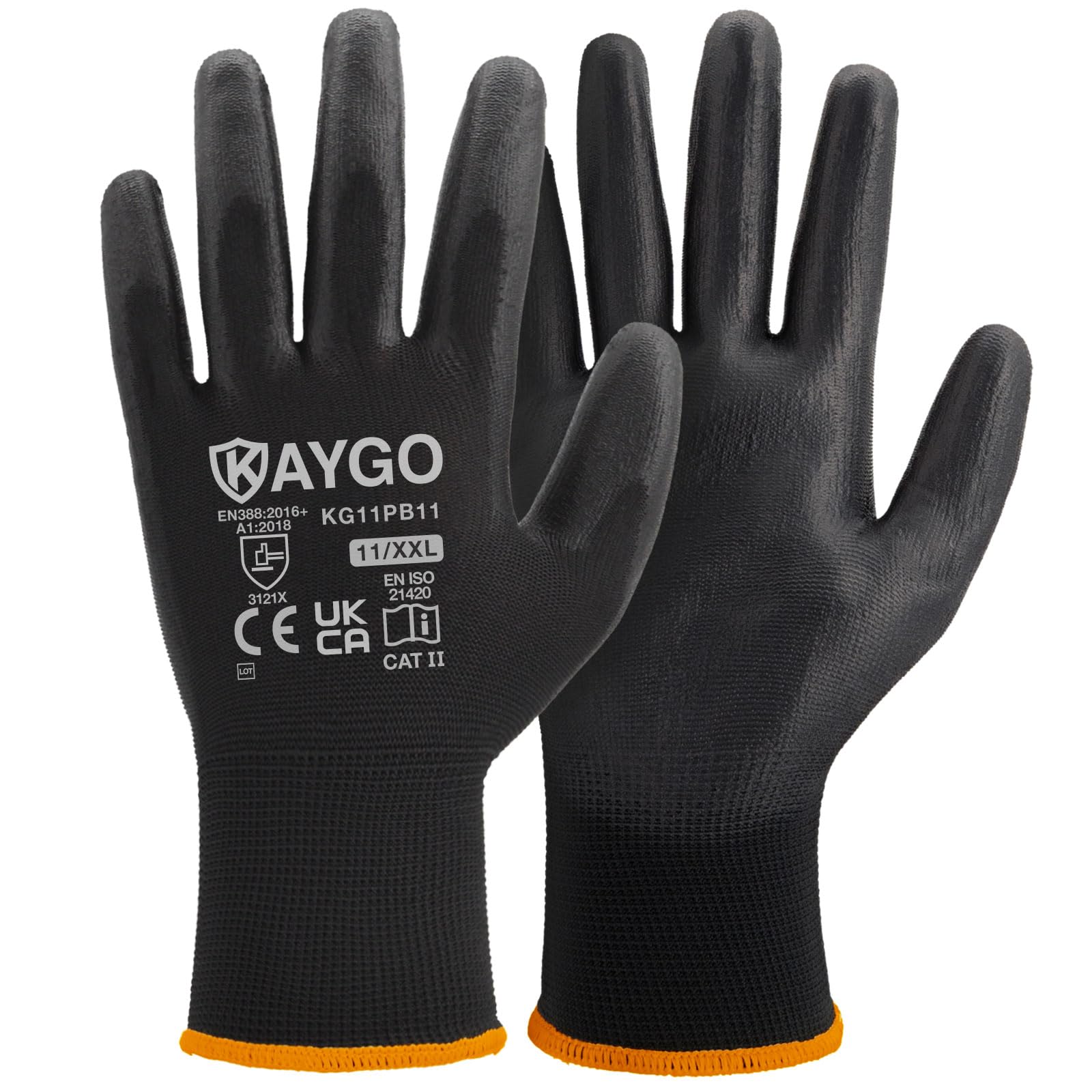 KAYGO Work Gloves PU Coated-12 Pairs, KG11PB, Black Safety Working Gloves with Secure Grip on Palm & Fingers, for Men and Women, Ideal for General Duty Work, Gardening (XX-Large, Black)