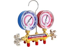 KLENZMATE 2025 Upgrade 42001 Test and Charging Manifold with 3-1/8" (80 mm) Color-Coded Gauges, 2-Valve, HVAC Manifold Gauge Set, A/C Gauges Suitable for R-22, R-404A, R-410A Refrigerant, 6 Connectors