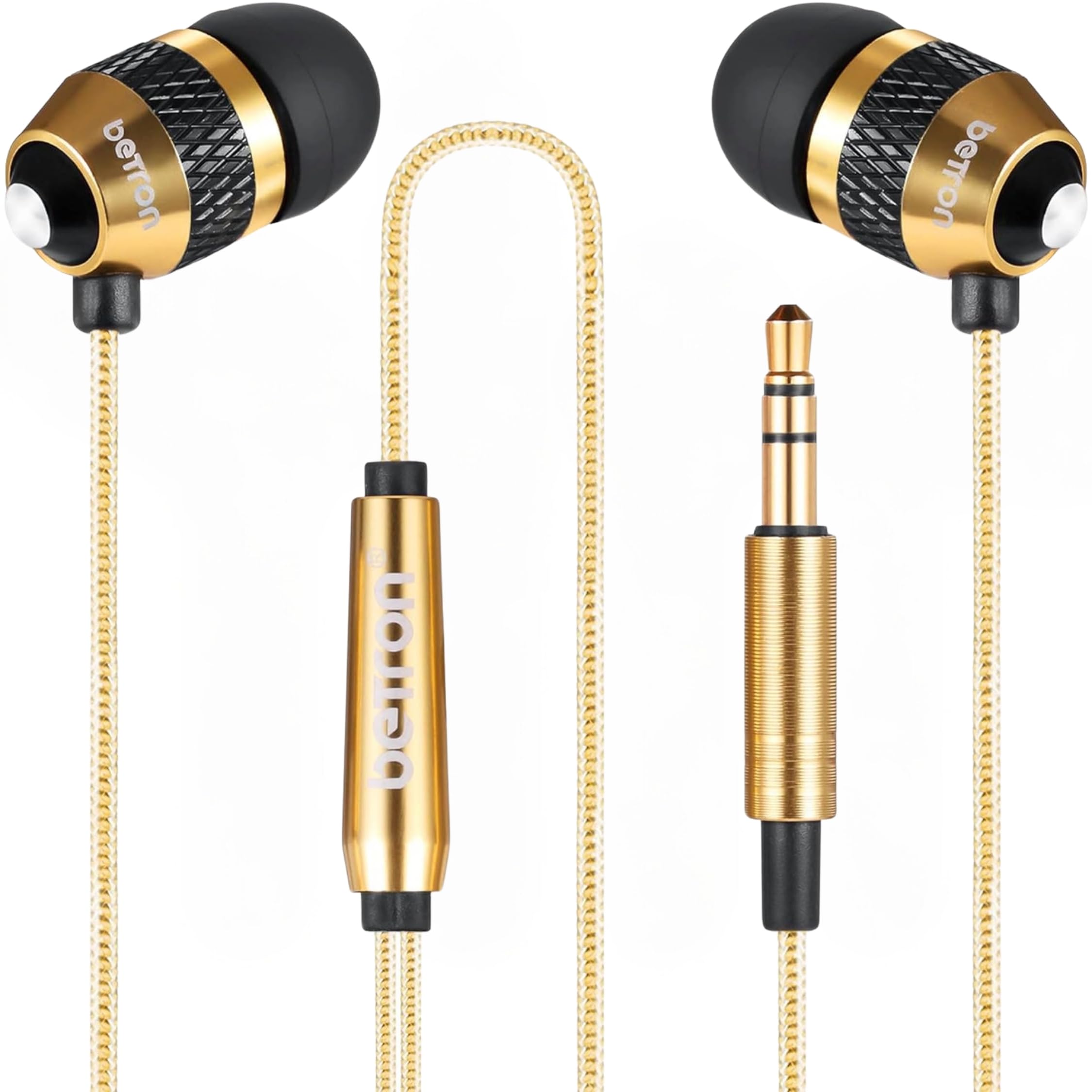 Betron B25 Earphones, Noise Isolating In-Ear Wired Headphones with Strong Bass, Tangle-Free Cord, Lightweight, Carry Case and Soft Earbud Tips, Gold