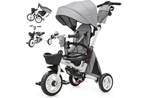 JMMD 8 in 1 Tricycle Stroller with Push Handle, Foldable Trike with 360° Swivel Seat, Reclining Backrest, All-Terrain Wheels, Dual Brakes, Canopy & Storage, Gift for Kids 18 Months to 5 Years, Gray
