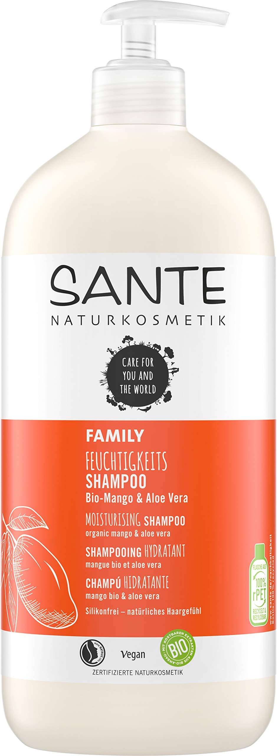 SANTE Naturkosmetik Organic Mango & Aloe Vera Shampoo, Value Size with Pump Dispenser, Moisturises, Shiny Hair, Natural Hair Care for Dry Hair, Vegan, 950 ml