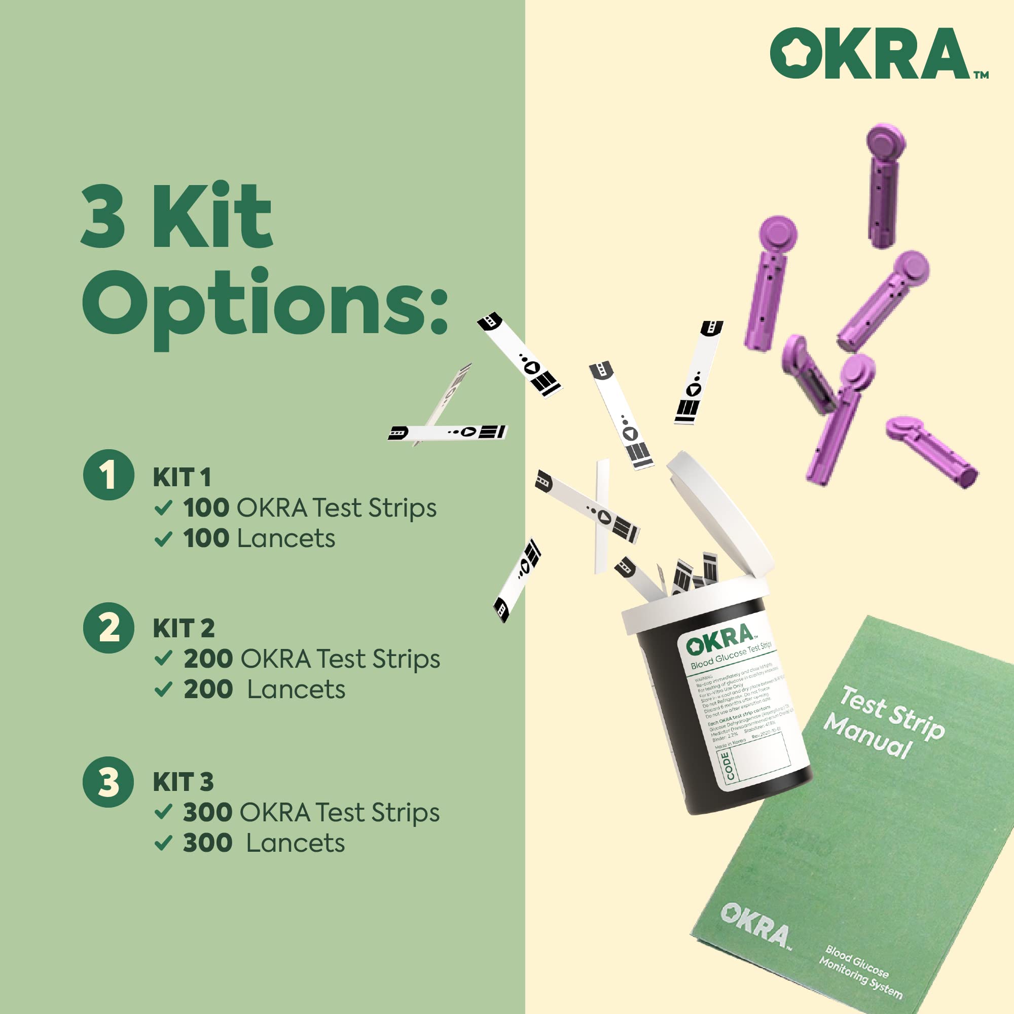 OKRA Pro Blood Glucose Test Strips - Test Strips for Diabetes, Accurate & Fast Results, Easy to Use, Small Blood Sample, 100 Test Strips
