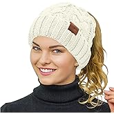 Rosoz Ponytail Beanie for Women,Winter Warm Beanie Tail Soft Stretch Cable Knit Messy High Bun Hat
