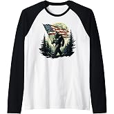 Big Foot Bigfoot Sasquatch American Flag Patriotic 4th July Raglan Baseball Tee